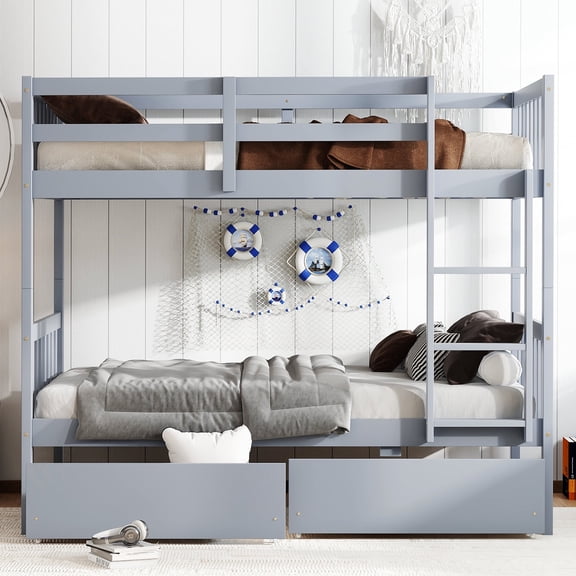 Twin over Twin Solid and Stable Rubber Wood Bunk Bed with 2 Drawers, Convertible Into 2 Twin Beds Bunk Bed with Ladder and Safety Guardrails (Grey)