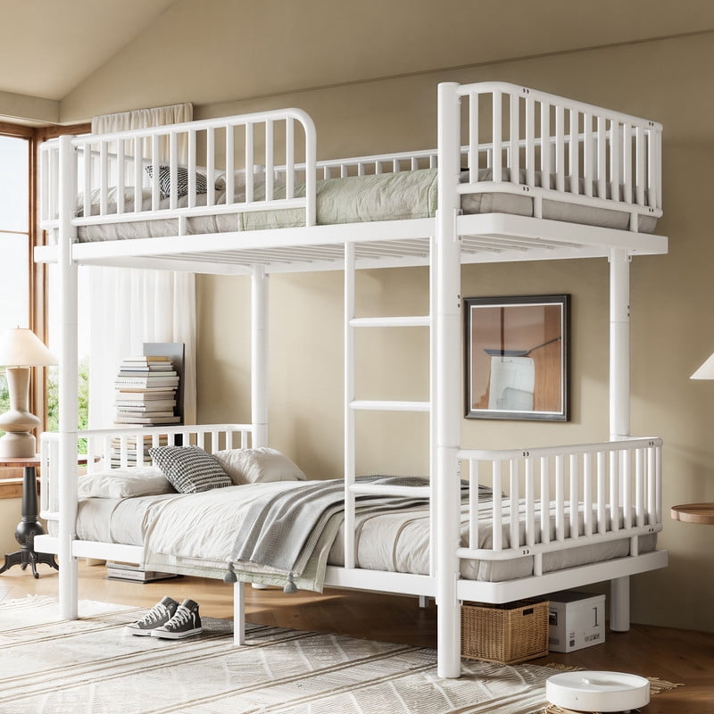 Twin-over-Twin Teens Bunk Bed Can Transformed into 2 Platform Beds, Metal Kids Bed Frame with Round-Pipe, Ladder & Guardrails