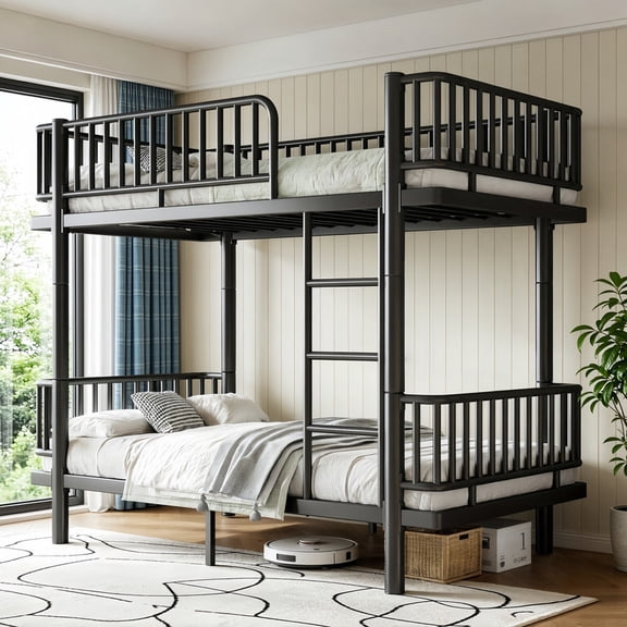 Twin-over-Twin Teens Bunk Bed Can Transformed into 2 Platform Beds, Metal Kids Bed Frame with Round-Pipe, Ladder & Guardrails