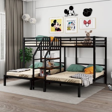 Twin over Twin & Twin Bunk Bed, Triple Bunk Bed with Storage Shelves Staircase, Metal