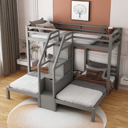 Twin over Twin & Twin Bunk Bed with Built-in Staircase and Storage Drawer,Gray