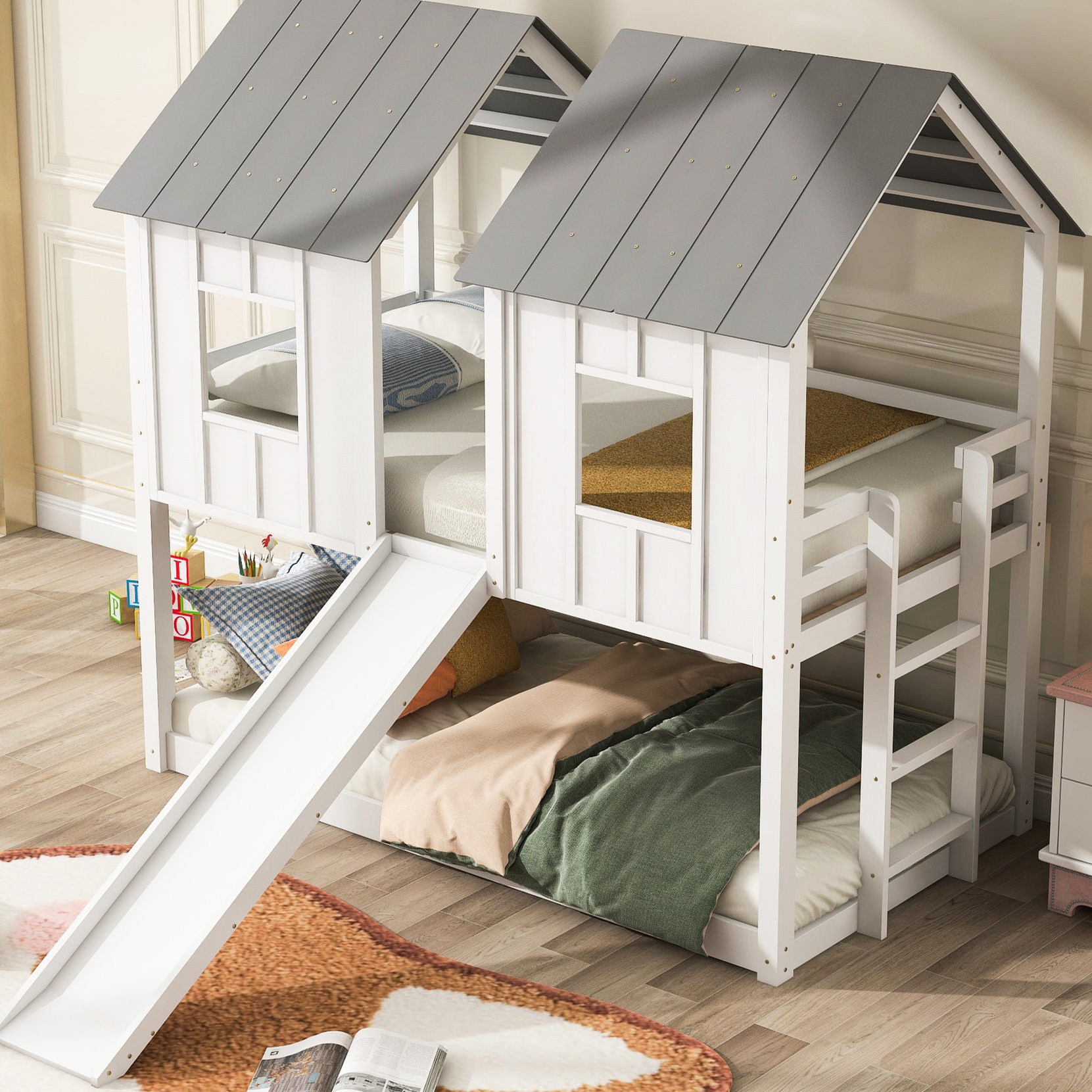 Twin over Twin White House Bunk Bed with Slide and Windows | Fun house ...