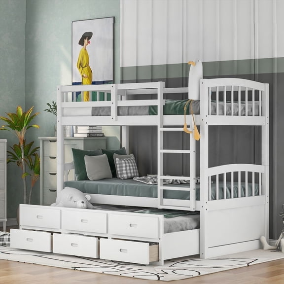 Twin over Twin Wood Bunk Bed (White) - With Trundle & Drawers, Can Be a Captain Bed & Single Bed