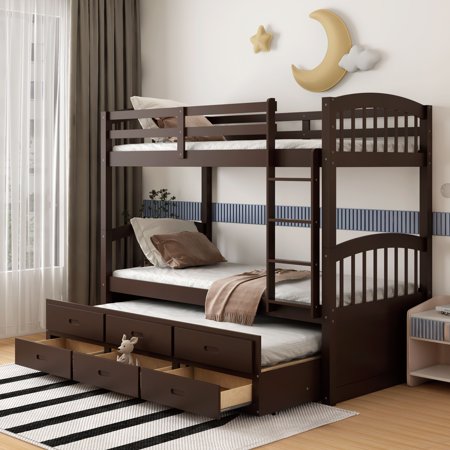 Twin over Twin Wood Bunk Bed with Trundle and Drawers, Espresso
