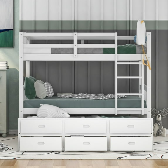 Twin over Twin Wood Bunk Bed with Trundle and Drawers