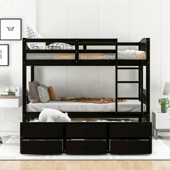Twin over Twin Wood Bunk Bed with Trundle and Drawers