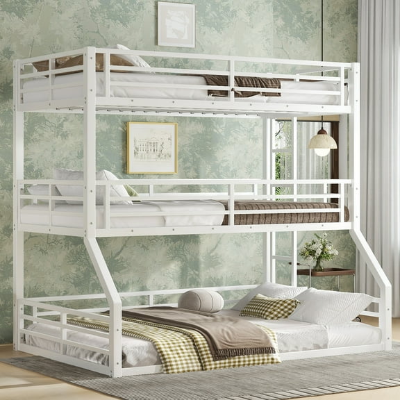 Twin over Twin over Full Bunk Bed Metal Triple Bunk Bed with Safety Guardrails Heavy-duty Bunk Bed with Noise-reduced Design White