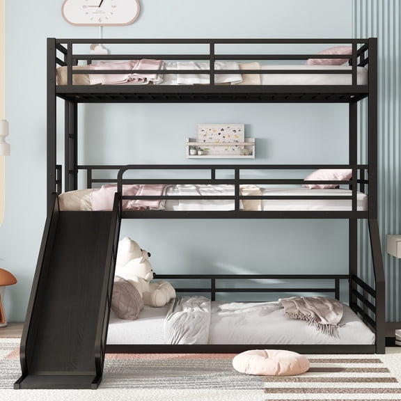 Twin over Twin over Full Bunk Bed with Slide, Metal Triple Bunk Bed with Safety Guardrails, Heavy-duty Bunk Bed with Noise-reduced Design, Black