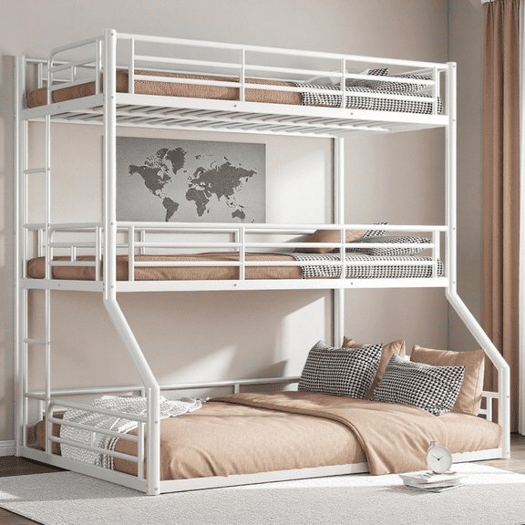 Twin over Twin over Full Triple Bunk Bed, Metal Frame with Safety Guardrails, Noise-Reduced Design, Space-Saving for Bedroom, White