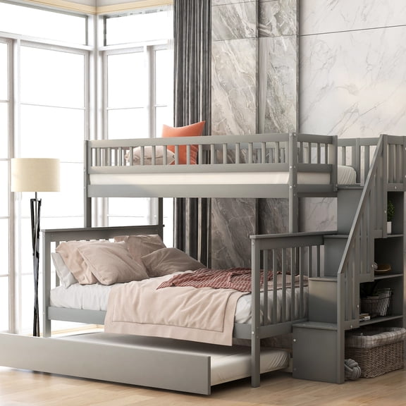 Twin over full gray bunk bed with trundle and storage shelves for shared rooms saves space effectively