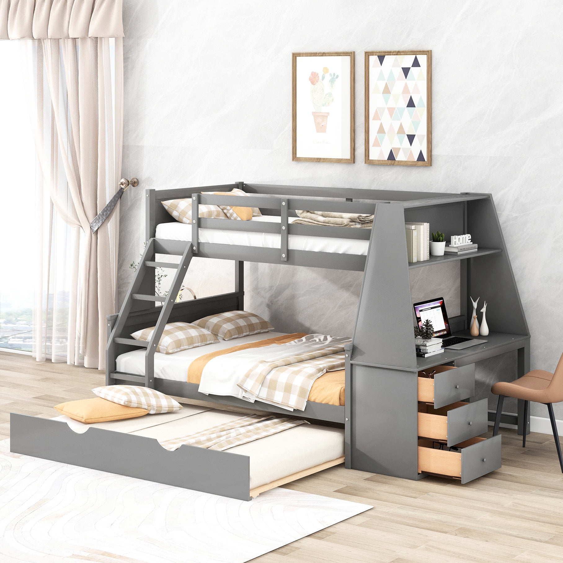 Twin over full gray bunk bed with trundle built-in desk for sleepover