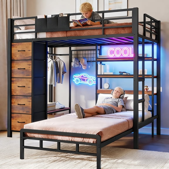 Hall Tree Twin-over-Twin Bunk Bed with Storage and Charging Station Gaming LED Lighting Loft Bed Twin for Teens Black & Brown Maximize Space Small bedroom