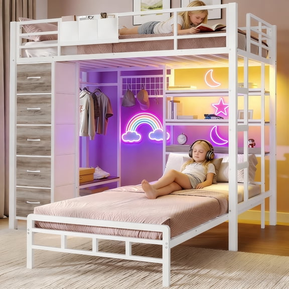 Hall Tree Twin-over-Twin Bunk Bed with Storage and Charging Station Gaming LED Lighting Loft Bed Twin for Teens White & Gray Maximize Space Small bedroom