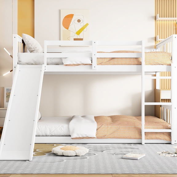 Twin over twin bunk bed with slide and ladder made of pine wood for stability and comfort