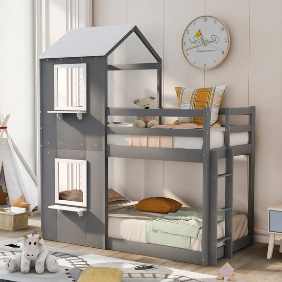 Twin over twin bunk in white | With playhouse wall and window | Creates an imaginative and enjoyable space