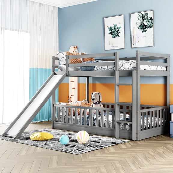 Twin over twin gray bunk bed for small bedrooms / Slide and ladder for added enjoyment
