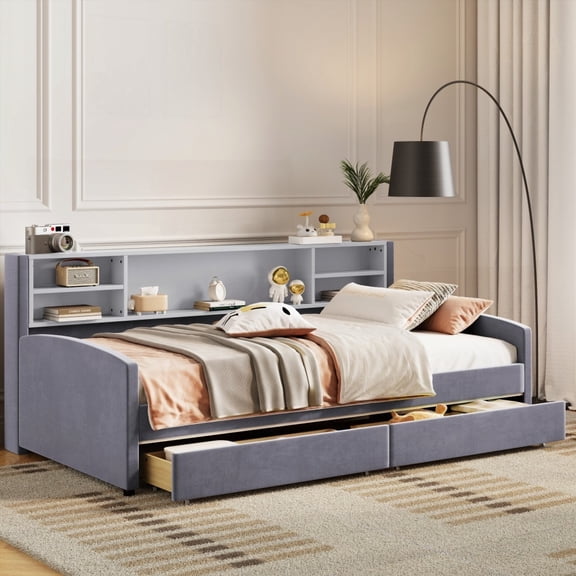 Twin Size Velvet Platform Bed with Storage and Drawers, Gray (No Box Spring, 330 lbs Capacity)