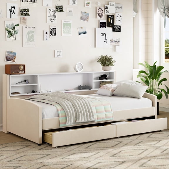 Twin size Beige Velvet Platform Bed Offering Built-in Side Storage