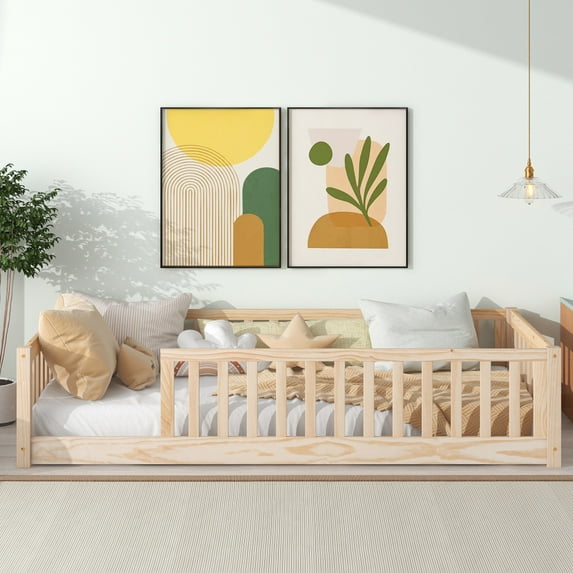 Twin size Floor Platform Bed for Kids, Wood Platform Bed with Safety Guardrails without Door, Low Profile Montessori Bed Frame with Slats Support, Easy Assembly,No Box Spring Needed, Natural