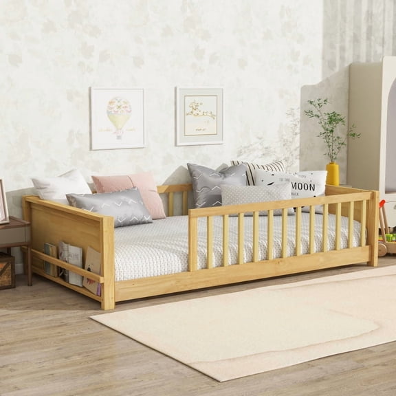 Twin size Floor Platform Bed with Built-in Book Rack,Natural