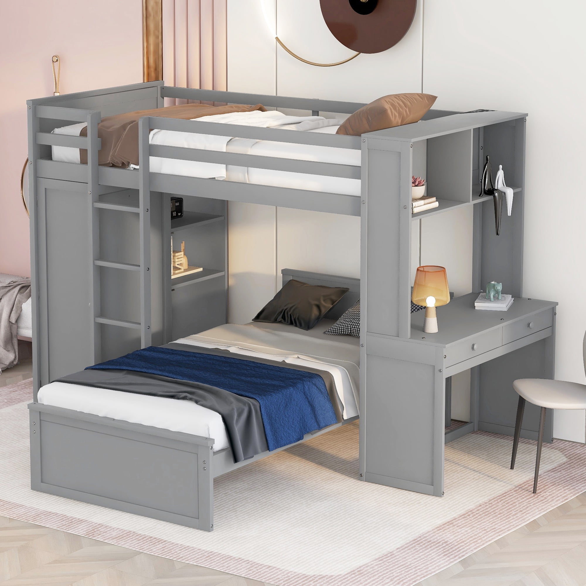 Twin size Loft Bed with Builtin Desk and Storage Shelves, Wooden Bunk