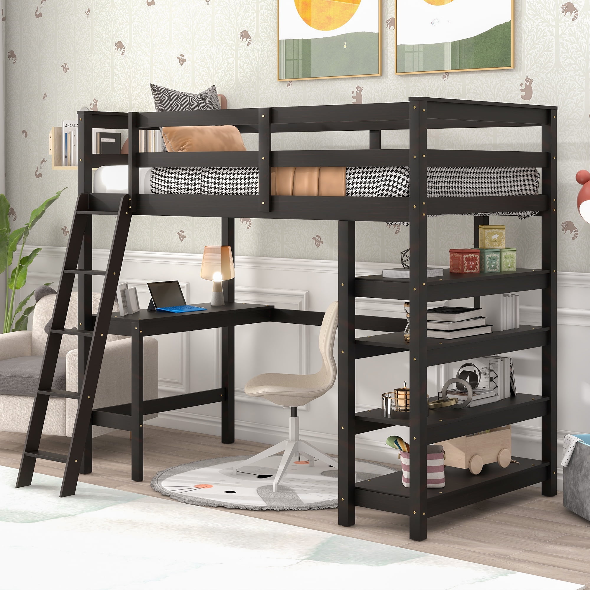 Twin size Loft Bed with Desk and Storage Wooden Loft Bed Frame