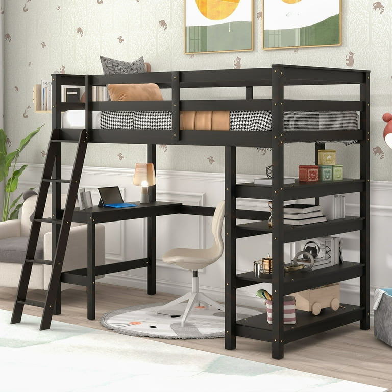 Wood Loft Bed w/ Desk Storage Cabinet Bookshelf Bedroom Sets Twin Size Bed  Frame