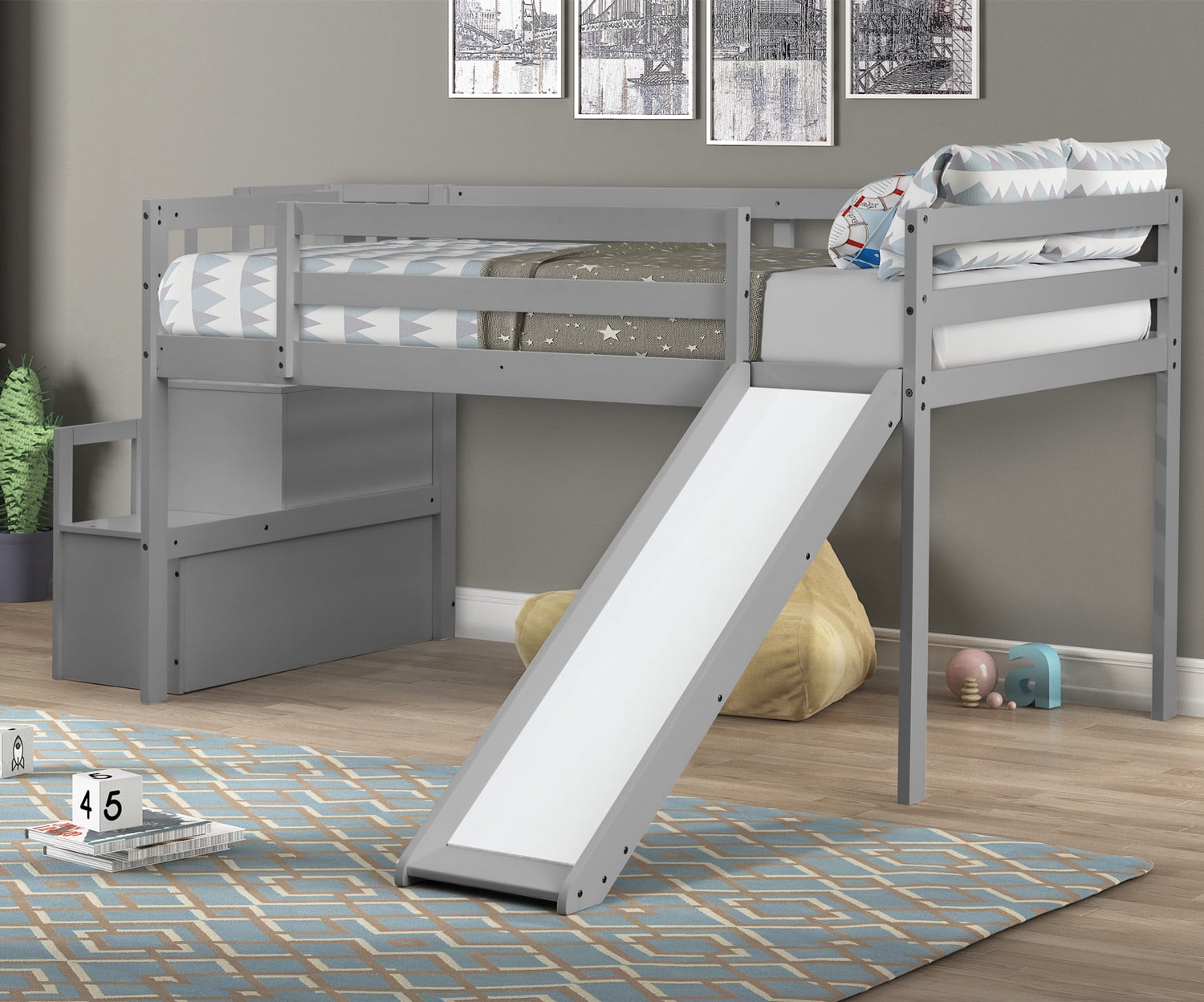 Twin size Loft Bed with Slide and Stair, Solid Wood Loft Bed Frame with