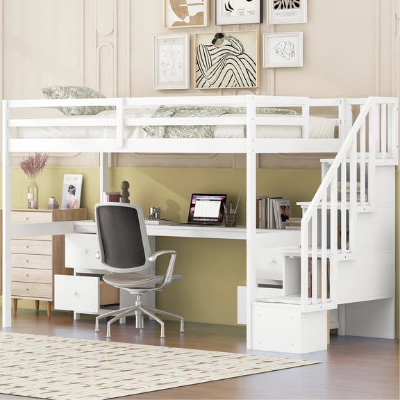 Twin-size Loft Bed With Desk And Storage Drawers, White - Pine Wood For A Superb Bedroom Twin Double Relaxing Area