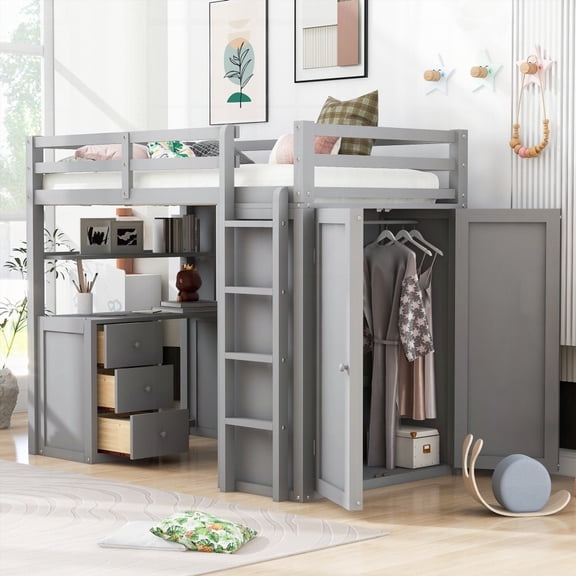 Twin size Loft Bed with Drawers, Desk & Wardrobe in Gray - Max Space Saving