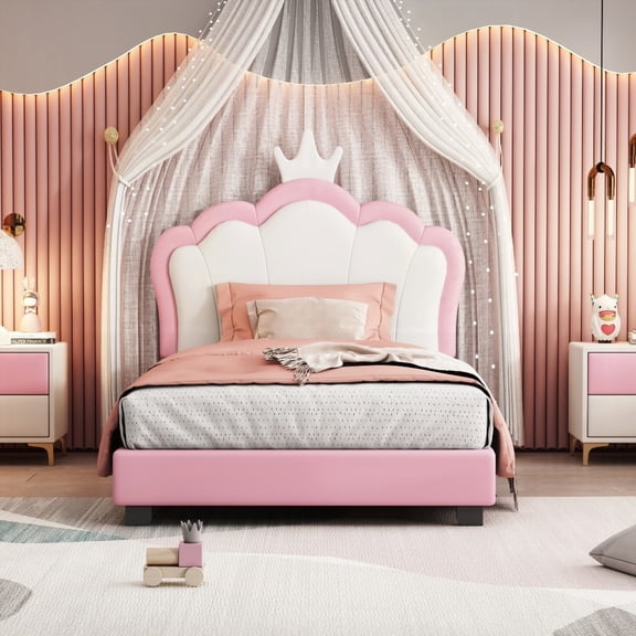 Twin size Platform Bed Featuring Crown Headboard and Footboard,Cream+Pink,Easy Assembly with Clear Instructions