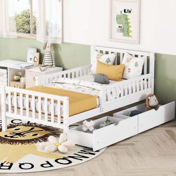 Twin-size Platform Bed With Guardrails And Storage - White Ornamentation Twin Wood