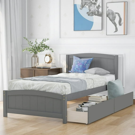 Twin size Platform Bed with Two Drawers, White