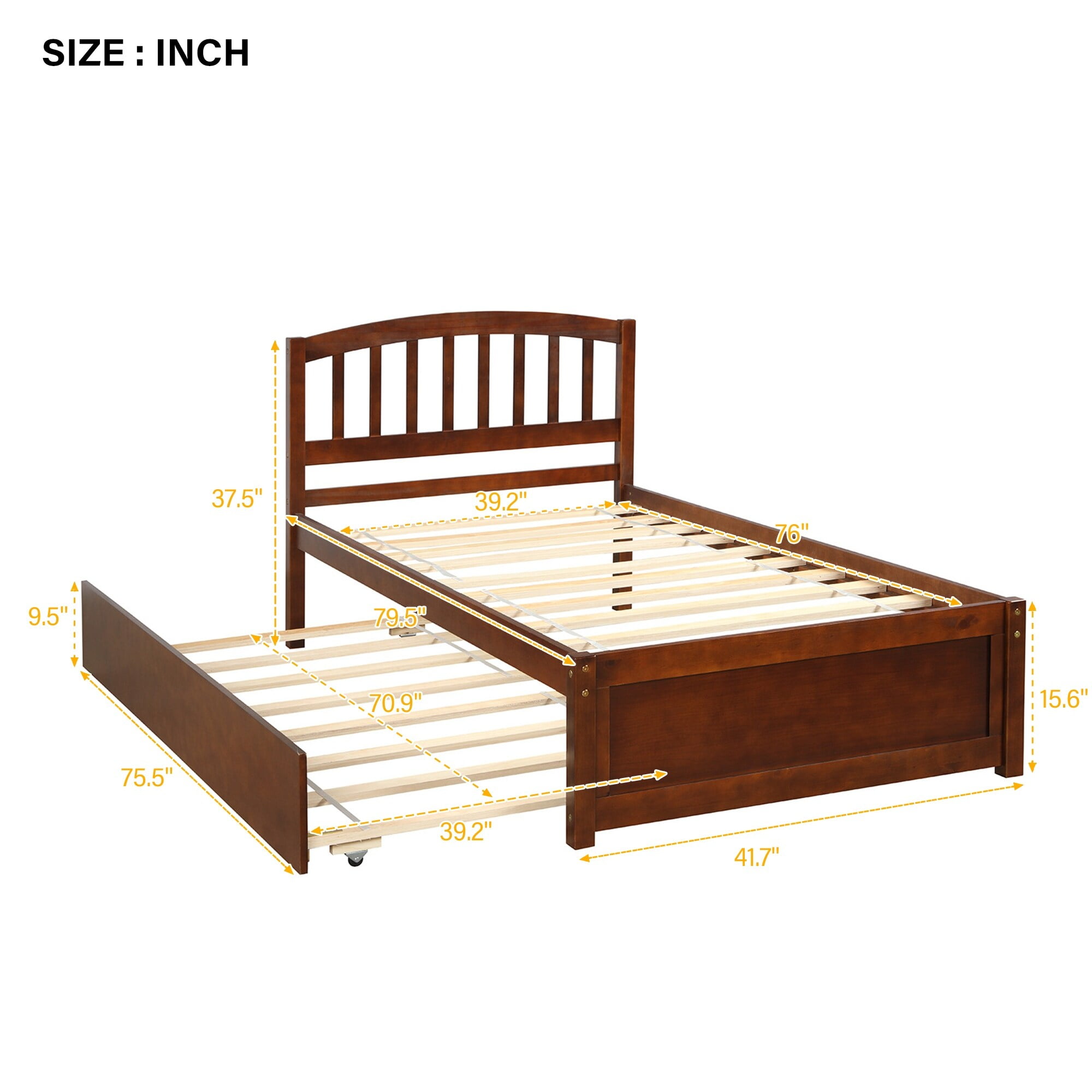 Modern Design Wooden Twin Size Platform Bed Frame with Trundle for Walnut Color