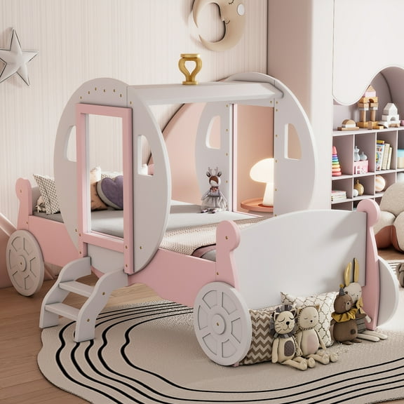Miekor Furniture Twin size Princess Carriage Bed with Crown ,Wood Platform Car Bed with Stair,White & Pink MK2638