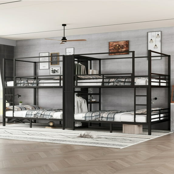 Twin size Quadruple Metal Bunk Bed,Quadruple Metal Bunk Bed with Built-in Storage Shelves & Wardrobe,Sturdy Metal Frame with Noise-reduced Design,Black