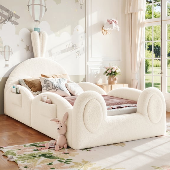 Twin size Upholstered Floor Bed Cute Rabbit Headboard Bed Frame with Side Storage Pockets Low Profile Platform Bed for Bedroom,Beige