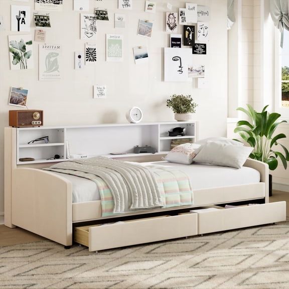 Twin size Upholstered Platform Bed with Storage & Drawers in Beige - Spacious Storage Solution