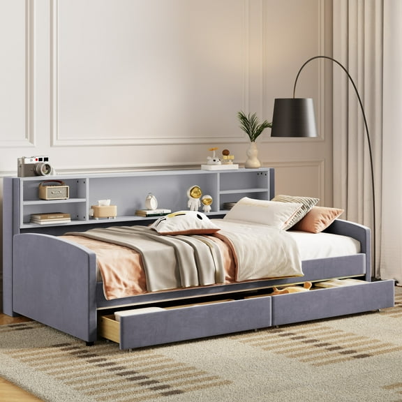 Twin size Upholstered Platform Bed with Storage and Drawers, Gray