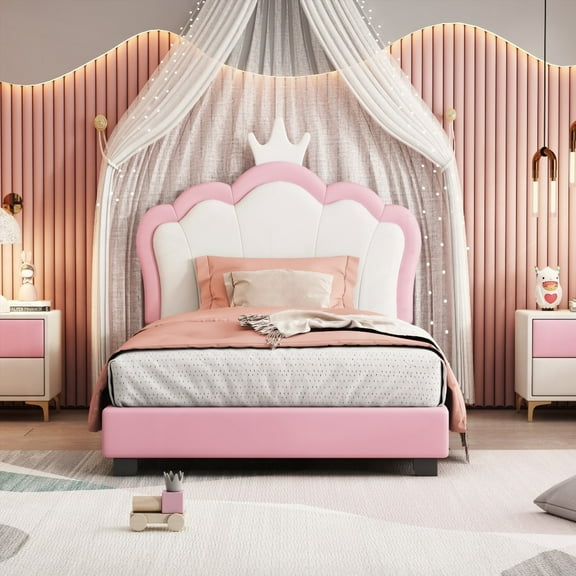 Twin size Upholstered Princess Bed Having Crown Headboard,Cream+Pink,High-Quality Plywood+MDF+PU Material
