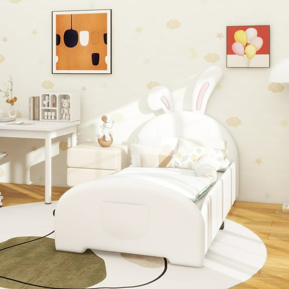 Twin size Upholstered Rabbit-Shape Princess Bed ,Twin Size Platform Bed with Headboard and Footboard,White