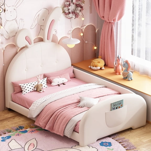 Twin size Upholstered Rabbit-Shape Princess Bed with Stable Construction and High Load Capacity, White (Old SKU: WF311629AAK)