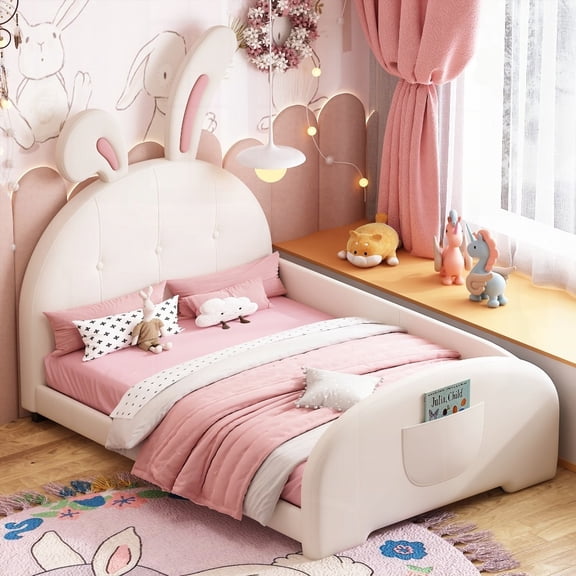 Twin size Upholstered Rabbit-Shape Princess Bed with Stable Construction and High Load Capacity, White (Old SKU: WF311629AAK)