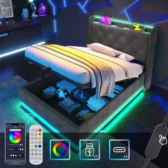 Twin size Upholstered bed - 360 LED, storage, USB/Type-C, Gray Linen (Without mattress)