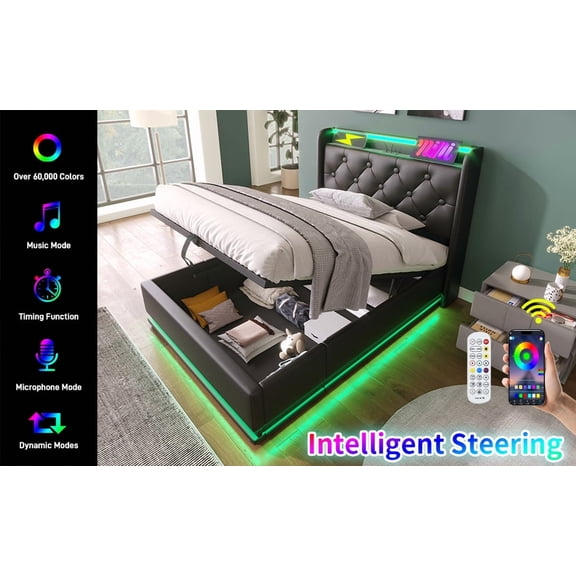 Twin size Upholstered bed, 360 surround LED function, Buttons/Apps/Remote Control, hydraulic storage bed with USB Type-C charging, Black, PU (Without mattress)