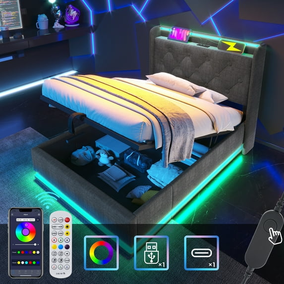 Twin size Upholstered bed, 360 surround LED function, Buttons/Apps/Remote Control, hydraulic storage bed with USB Type-C charging,