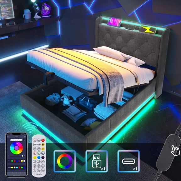 Twin Size Linen Upholstered Storage Bed with 360° LED and USB Type-C Charging, Gray (Bedroom)