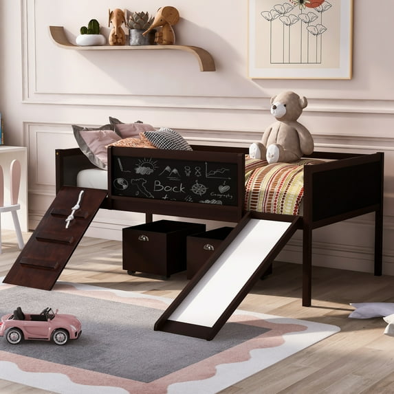 Twin size Wood Loft Bed with Two Storage Boxes and Double-Sided Chalkboard, Wood Loft Bed Frame with Climbing Frame, Rope & Slide, Low Loft Bed for Boys Girls and Teens, No Box Spring Needed, Espresso