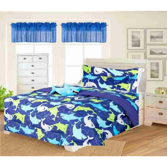 Twin Size 6-Piece Bedding Set Soft Shark Blue Print with Toy Pillow & Colorful Sheets