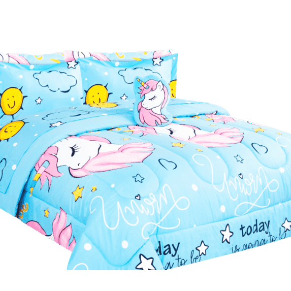 Twin size comforter 6 piece for kid's boy girl printed design comforter & toy pillow, unicorn